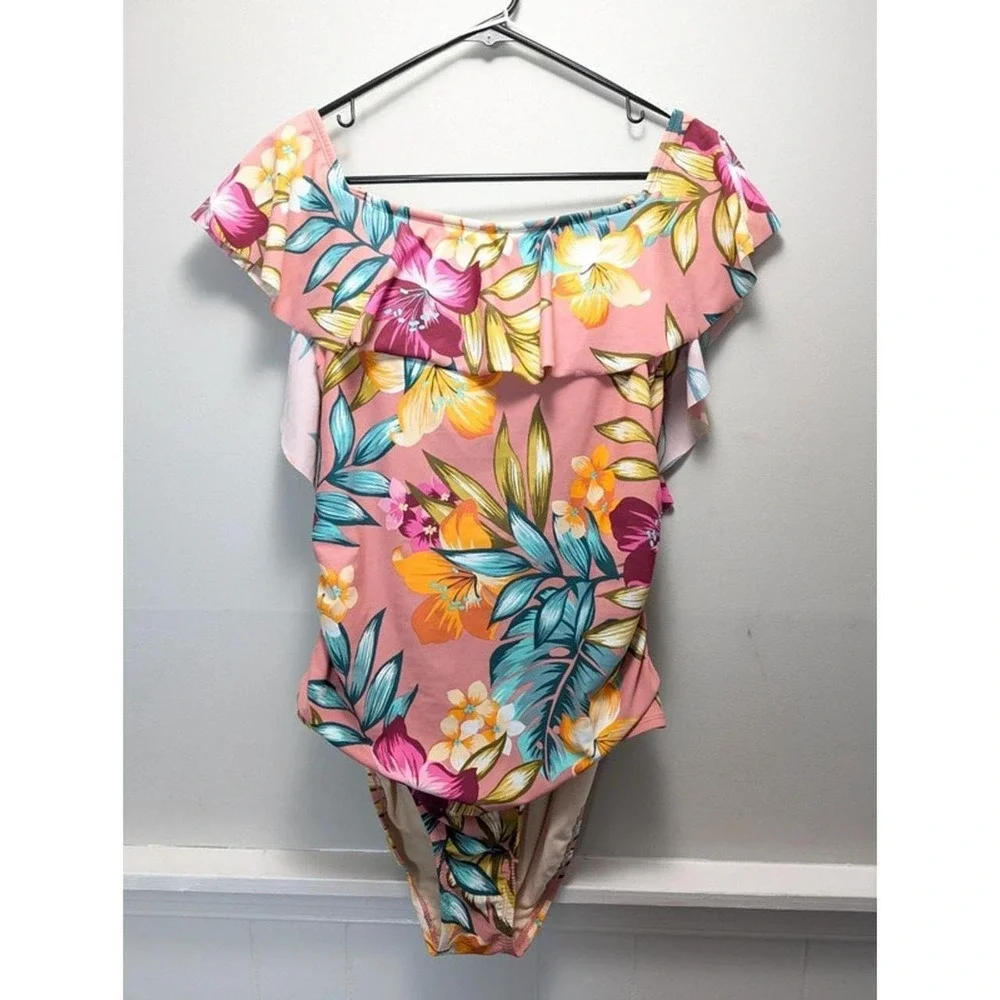 Kona Sol Pink Tropical One Piece Swimsuit Floral Ruffle Off The Shoulder XL
